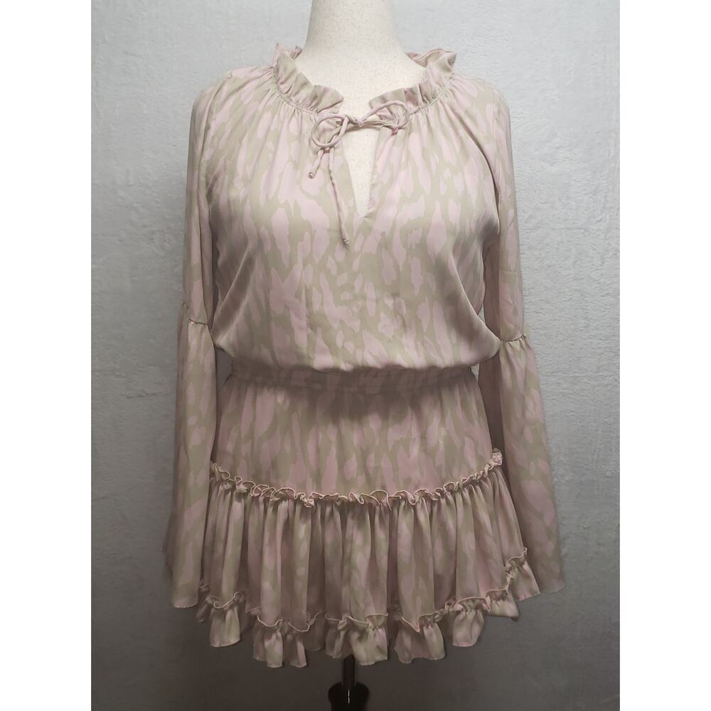Buddy Love Pink Tan Animal Print Ruffle Mini Dress | Bell Sleeves | Women’s M